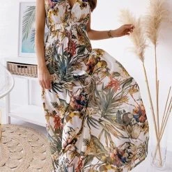 Levency Leaf Print V Neck Sleeveless Maxi Dress