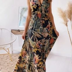 Levency Leaf Print V Neck Sleeveless Maxi Dress