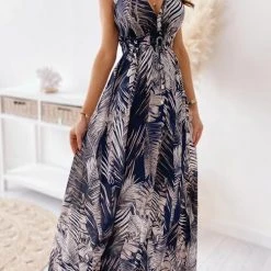 Levency Leaf Print V Neck Sleeveless Maxi Dress