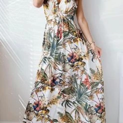 Levency Leaf Print V Neck Sleeveless Maxi Dress