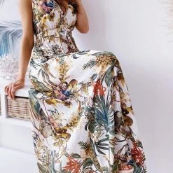 Levency Leaf Print V Neck Sleeveless Maxi Dress