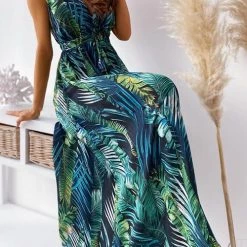 Levency Leaf Print V Neck Sleeveless Maxi Dress