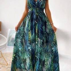 Levency Leaf Print V Neck Sleeveless Maxi Dress