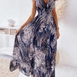 Levency Leaf Print V Neck Sleeveless Maxi Dress