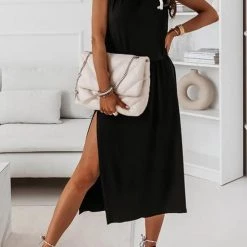 Levency New In Halter Neck Slit Sleeveless Dress