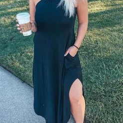 Levency Pockets Halter Neck Slit Maxi Dress New In