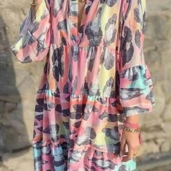 Levency New In Leoaprd V Neck Long Sleeve Mini Dress