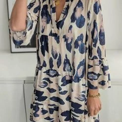 Levency New In Leoaprd V Neck Long Sleeve Mini Dress