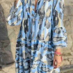 Levency New In Leoaprd V Neck Long Sleeve Mini Dress