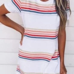 Levency Stripe O Neck Short Sleeve Mini Dress New In
