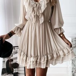 Levency Ruffles V Neck Long Sleeve Mini Dress New In