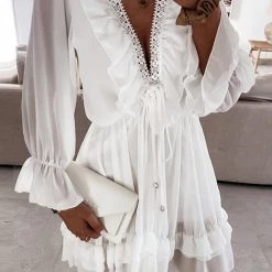 Levency Ruffles V Neck Long Sleeve Mini Dress New In