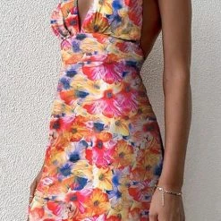 Levency Print Halter Neck Backless Mini Dress New In