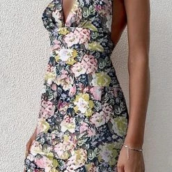 Levency Print Halter Neck Backless Mini Dress New In