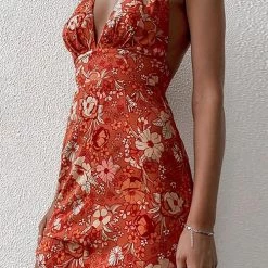 Levency Print Halter Neck Backless Mini Dress New In