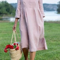 Levency Linen V Neck Seven Sleeves Midi Dress New In