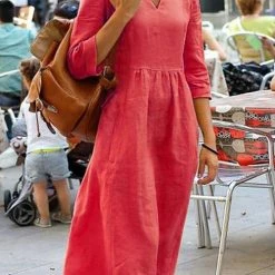 Levency Linen V Neck Seven Sleeves Midi Dress New In