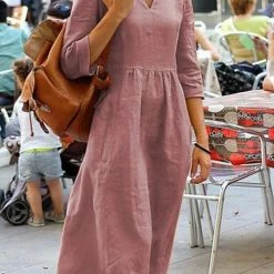 Levency Linen V Neck Seven Sleeves Midi Dress New In