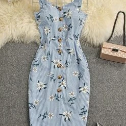 Levency Button Floral Sleeveless Bodycon Dress