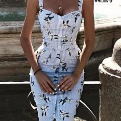 Levency Button Floral Sleeveless Bodycon Dress