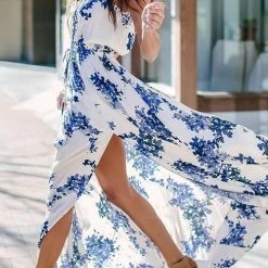 Levency New In Floral Print Slit Sleeveless Maxi Dress