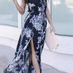 Levency New In Floral Print Slit Sleeveless Maxi Dress