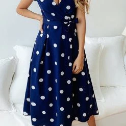 Levency New In Dot Print V Neck Sleeveless Dress