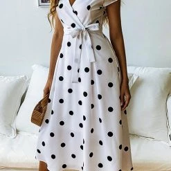 Levency New In Dot Print V Neck Sleeveless Dress