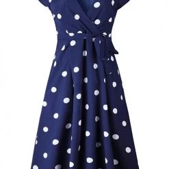 Levency New In Dot Print V Neck Sleeveless Dress