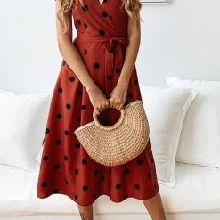 Levency New In Dot Print V Neck Sleeveless Dress