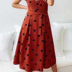 Levency New In Dot Print V Neck Sleeveless Dress