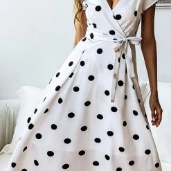 Levency New In Dot Print V Neck Sleeveless Dress