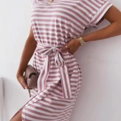 Levency New In Stripe O Neck Slit Hem Belted Dress