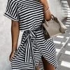 Levency New In Stripe O Neck Slit Hem Belted Dress