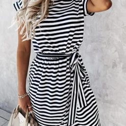 Levency New In Stripe O Neck Slit Hem Belted Dress