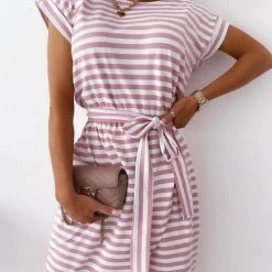 Levency New In Stripe O Neck Slit Hem Belted Dress
