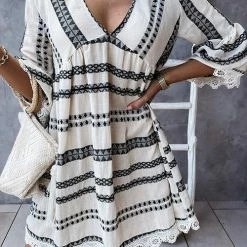 Levency New In Print Lace Hem V Neck Mini Dress