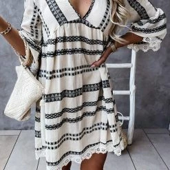 Levency New In Print Lace Hem V Neck Mini Dress