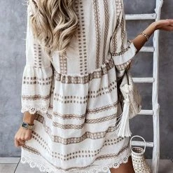 Levency New In Print Lace Hem V Neck Mini Dress