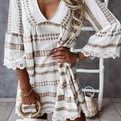 Levency New In Print Lace Hem V Neck Mini Dress