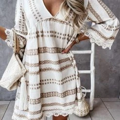 Levency New In Print Lace Hem V Neck Mini Dress