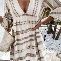 Levency New In Print Lace Hem V Neck Mini Dress