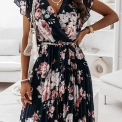 Levency Floral Print V Neck Dress