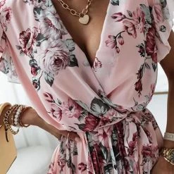 Levency Floral Print V Neck Dress