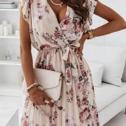 Levency Floral Print V Neck Dress