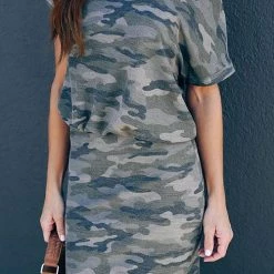 Levency Camouflage Dew Shoulder Mini Dress