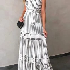 Levency New In Stripe Bow Tie Belted Maxi Dress