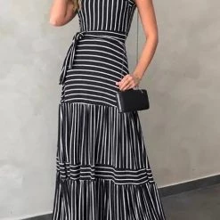 Levency New In Stripe Bow Tie Belted Maxi Dress