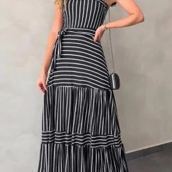 Levency New In Stripe Bow Tie Belted Maxi Dress