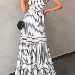 Levency New In Stripe Bow Tie Belted Maxi Dress